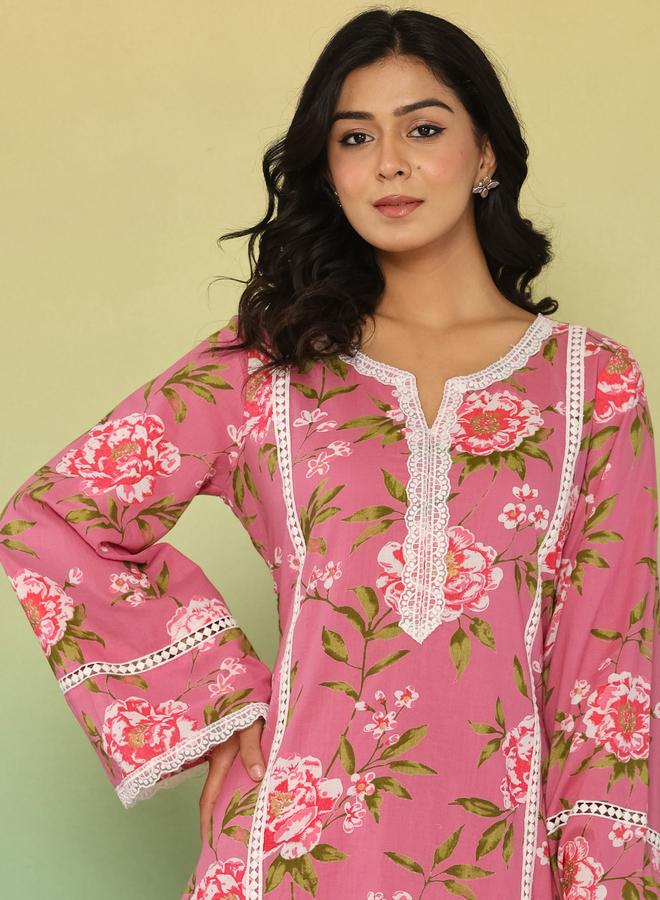 KASYA Pink Cotton Floral Printed Kurta with Pants Set - Image 4